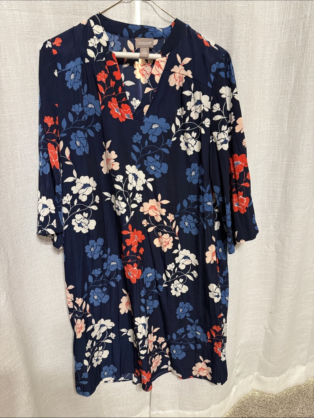 Chico's size 0 Navy Floral Midi Shift Dress with V-Neck
